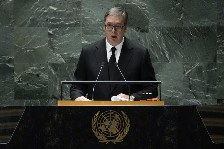 Serbia's President Aleksandar Vucic addresses the 78th session of the United Nations General Assembly, Thursday, Sept. 21, 2023. (AP Photo/Richard Drew)