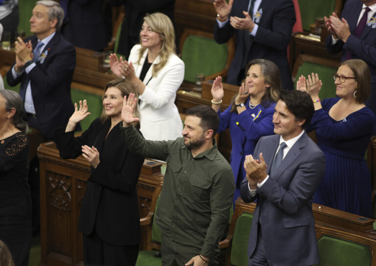 Ukrainian President Volodymyr Zelenskyy and Prime Minister Justin Trudeau recognize Yaroslav Hunka, who was in attendance in the House of Commons in Ottawa, Ontario, on Friday, Sept. 22, 2023. The speaker of Canada's House of Commons apologized Sunday, Sept. 24, for recognizing Hunka, who fought for a Nazi military unit during World War II. Just after Zelenskyy delivered an address in the House of Commons on Friday, Canadian lawmakers gave the 98-year-old a standing ovation when Speaker Anthony Rota drew attention to him. (Patrick Doyle/The Canadian Press via AP)