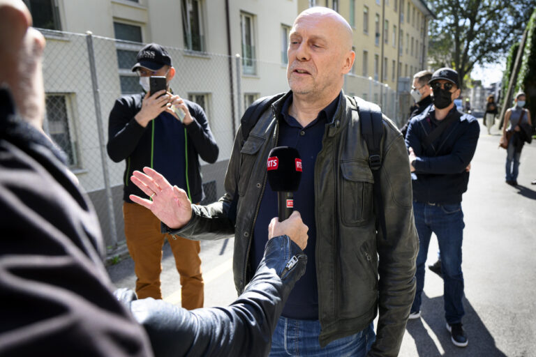 French-Swiss far-right writer Alain Soral arrives at the courthouse for his appeal trial for homophobia against a journalist, in Lausanne, Switzerland, Wednesday, September 27, 2023.(KEYSTONE/Laurent Gillieron)