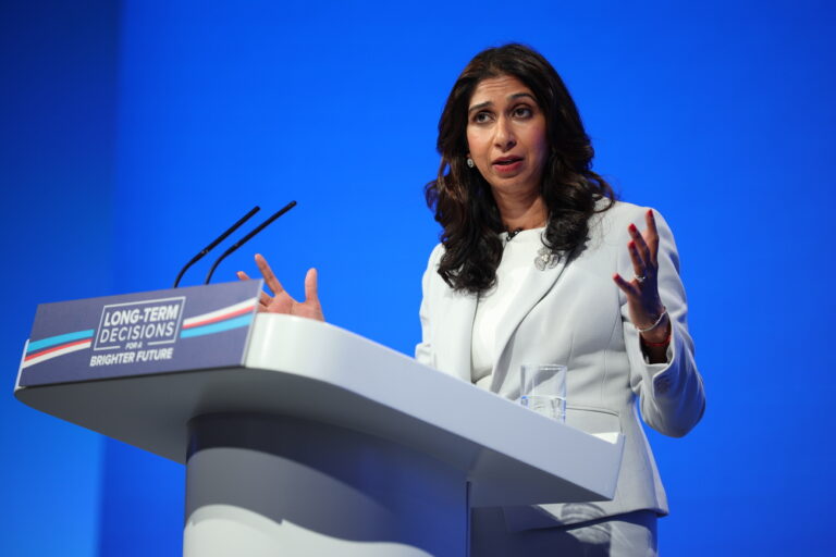 epa10897369 Britain's Home Secretary Suella Braverman addresses the Conservative Party Conference in Manchester, Britain, 03 October 2023. The conference runs from 01 - 04 October at Manchester Central. EPA/Adam Vaughan