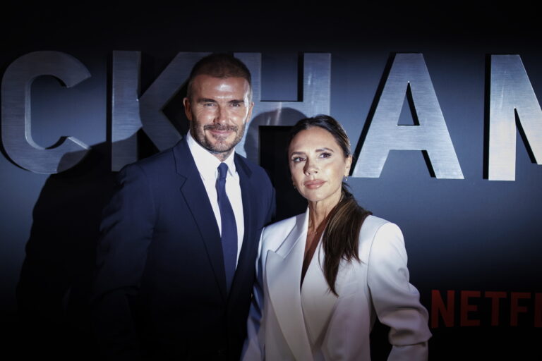 epa10898038 British former soccer player David Beckham (L) and his wife, British fashion designer Victoria Beckham attend the premiere of 'Beckham' at the Curzon Mayfair, London, Britain, 03 October 2023. The four-part documentary series launches on Netflix on 04 October 2023. EPA/Tolga Akmen