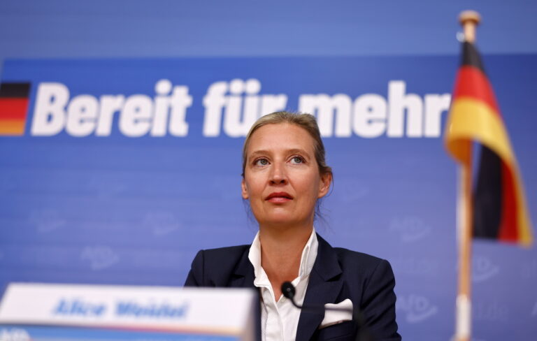 epa10909073 Alternative for Germany (AfD) co-chairwoman Alice Weidel attends a news conference after the state elections in Hesse and Bavaria, in Berlin, Germany, 09 October 2023. EPA/HANNIBAL HANSCHKE