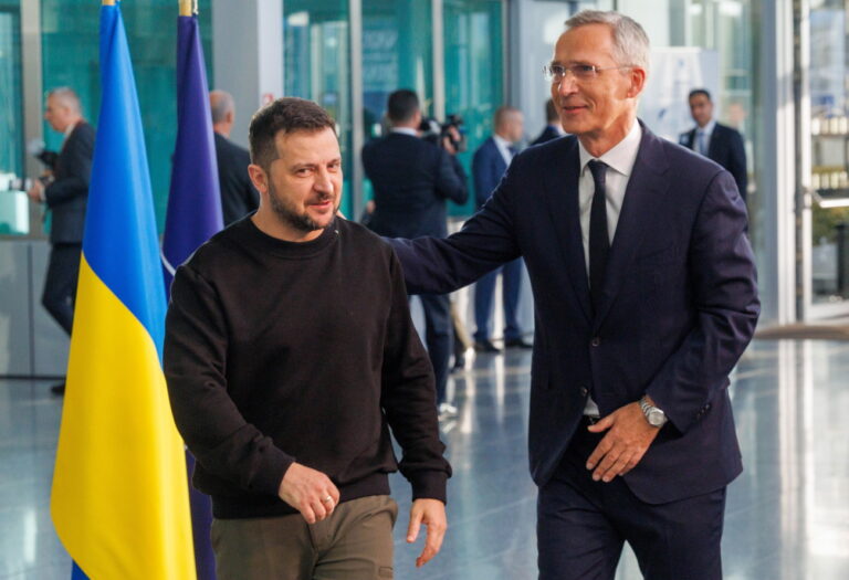 epa10912596 Ukraine's President Volodymyr Zelensky (L) is welcomed by NATO Secretary General Jens Stoltenberg at the start of his visit to the Alliance headquarters in Brussels, Belgium, 11 October 2023. Zelensky has arrived in Brussels to participate in the meeting of NATO defense ministers to seek more support for Ukraine's fight against Russia. EPA/OLIVIER MATTHYS