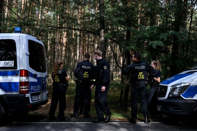 epa10913435 German police officers gather during an operation to prevent illegal migration along the German-Polish border near Frost, Germany, 11 October 2023. Due to the increasing number of refugees arriving in Germany via the Balkan and Mediterranean routes, as well as war refugees from Ukraine, many refugee shelters in Germany have already reached their capacity limit. EPA/Filip Singer ATTENTION: This Image is part of a PHOTO SET