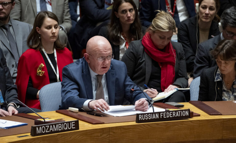 Russia's U.N. Ambassador Vassily Nebenzia speaks after a Russia-backed resolution regarding the Israel-Hamas war did not pass during a session of the U.N. Security Council at United Nations headquarters Monday, Oct. 16, 2023. (AP Photo/Craig Ruttle)