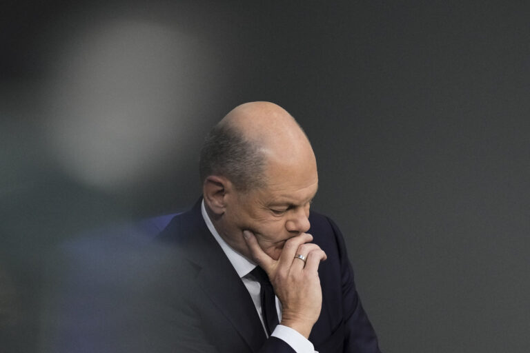 German Chancellor Olaf Scholz attends a debate fter his speech at the parliament Bundestag in Berlin, Germany, Thursday, Oct. 19, 2023. (AP Photo/Markus Schreiber)