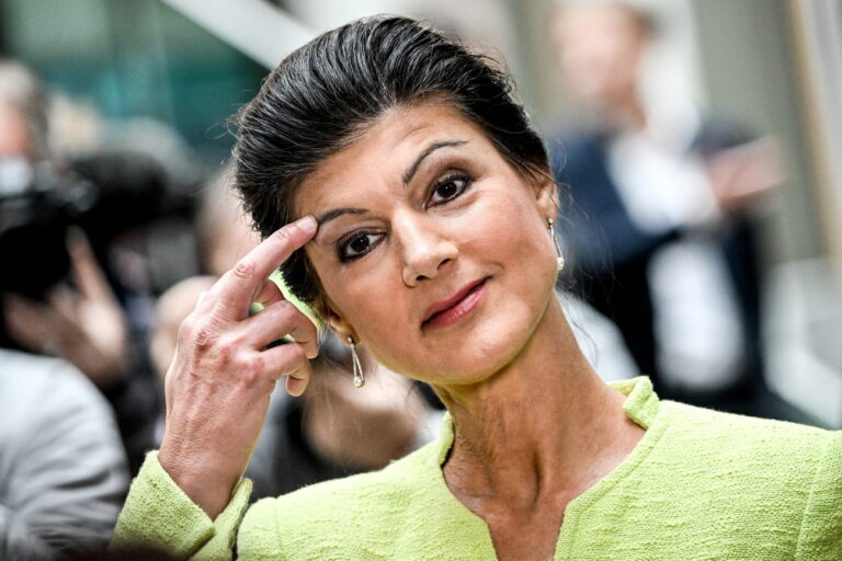 epa10934029 German left-wing politician Sahra Wagenknecht talks to the media after presenting plans for a new political project called 'Alliance Sahra Wagenknecht' in Berlin, Germany, 23 October 2023. EPA/Filip Singer
