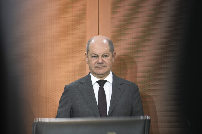 German Chancellor Olaf Scholz arrives at the cabinet meeting of the German government at the chancellery in Berlin, Germany, Wednesday, Oct. 25, 2023. (AP Photo/Markus Schreiber)
