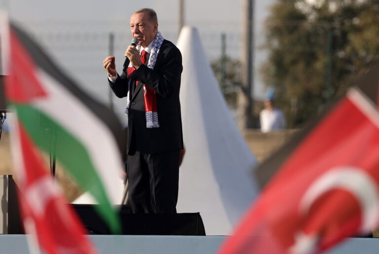 epa10945558 Turkish President Recep Tayyip Erdogan speaks during a pro-Palestinian rally at the Ataturk Airport in Istanbul, Turkey, 28 October 2023. Thousands of Israelis and Palestinians have died since the militant group Hamas launched an unprecedented attack on Israel from the Gaza Strip on 07 October, and the Israeli strikes on the Palestinian enclave which followed it. EPA/ERDEM SAHIN