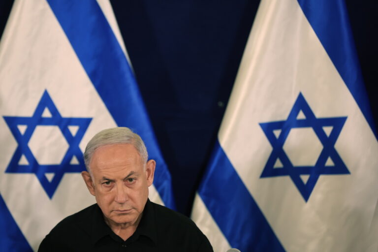 epa10945792 Israel's Prime Minister Benjamin Netanyahu addresses a press conference in The Kirya military base in Tel Aviv, Israel, 28 October 2023. EPA/ABIR SULTAN / POOL