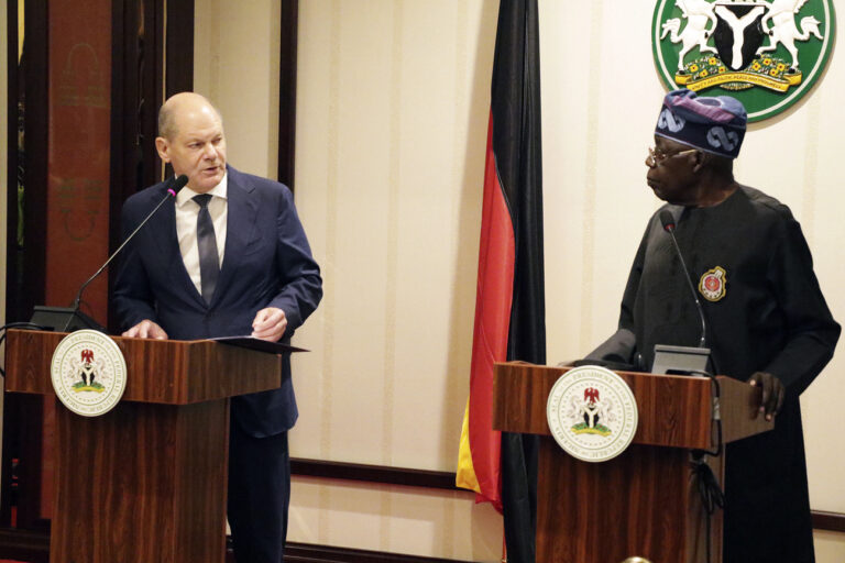 German Chancellor Olaf Scholz, left, and Nigeria's President Bola Tinubu, right, during a meeting at the Presidential palace in Abuja, Nigeria, Sunday, Oct. 29, 2023. The German Chancellor Olaf Scholz met with Nigerian President Bola Tinubu on Sunday as part of a West Africa tour as the European country looks to diversify its trade partners and expand economic partnerships in the energy-rich region. (AP Photo)