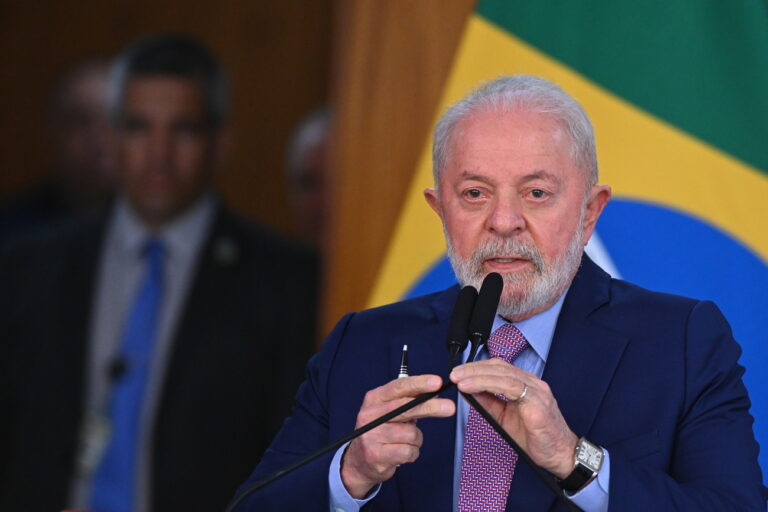 epa10953355 The President of Brazil, Luiz Inacio Lula da Silva, addresses a press conference at the Planalto Palacio in Brasilia, Brazil, 01 November 2023. Da Silva announced that the Brazilian armed forces would reinforce the security at some ports and airports, as well as in the country's borders, in the fight against organized crime. EPA/Andre Borges