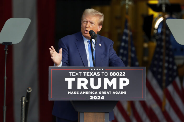 Former President Donald Trump gives remarks during a campaign event held at Trendsetter Engineering, Thursday, Nov. 2, 2023, in Houston. (AP Photo/Michael Wyke)