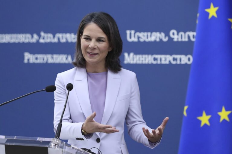 German Foreign Minister Annalena Baerbock gestures while speaking during a joint news conference with Armenian Foreign Minister Ararat Mirzoyan following their talks in Yerevan, Armenia, Friday, Nov. 3, 2023. (Stepan Poghosyan/Photolure via AP)
