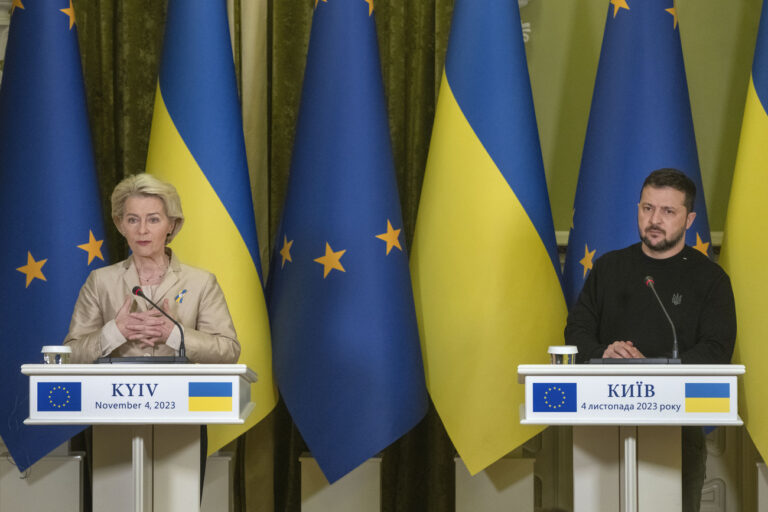 Ukrainian President Volodymyr Zelenskyy, right, and European Commission President Ursula von der Leyen attend a press conference in Kyiv, Ukraine, Saturday, Nov. 4, 2023. (AP Photo/Efrem Lukatsky)