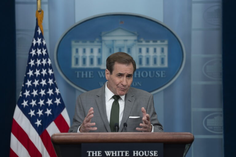 epa10964904 The U.S. National Security Council Strategic Communications Coordinator John Kirby speaks during the daily news briefing at the White House in Washington, DC, USA, 08 November 2023. EPA/Chris Kleponis / POOL