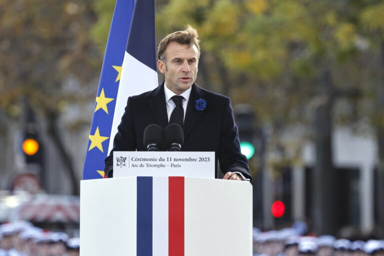 epa10969596 French President Emmanuel Macron delivers a speech as he attends a ceremony at the Tomb of the Unknown Soldier at the Arc de Triomphe in Paris, France, 11 November 2023, as part of commemorations marking the 105th anniversary of the 11 November 1918 Armistice, ending World War I (WWI). EPA/LUDOVIC MARIN / POOL MAXPPP OUT