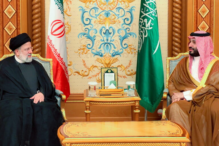 epa10970055 A handout photo made available by Iran's Presidential Office shows Iranian President Ebrahim Raisi (L) and Saudi Crown Prince Mohammed bin Salman (R) during a meeting in Riyadh, Saudi Arabia, 11 November 2023. Raisi is in Saudi Arabia to attend the OIC summit and is expected to meet with high ranking Saudi officials for the first time since the restoration of bilateral relations between Tehran and Riyadh. EPA/IRAN'S PRESIDENTIAL OFFICE HANDOUT HANDOUT EDITORIAL USE ONLY/NO SALES HANDOUT EDITORIAL USE ONLY/NO SALES