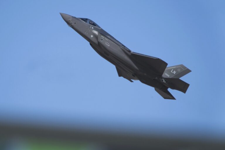 A U.S. Air Force F-35 fighter jet flies at the Dubai Air Show in Dubai, United Arab Emirates, Monday, Nov. 13, 2023. Long-haul carrier Emirates opened the Dubai Air Show with a $52 billion purchase of Boeing Co. aircraft, showing how aviation has bounced back after the groundings of the coronavirus pandemic, even as Israel's war with Hamas clouds regional security. (AP Photo/Jon Gambrell)