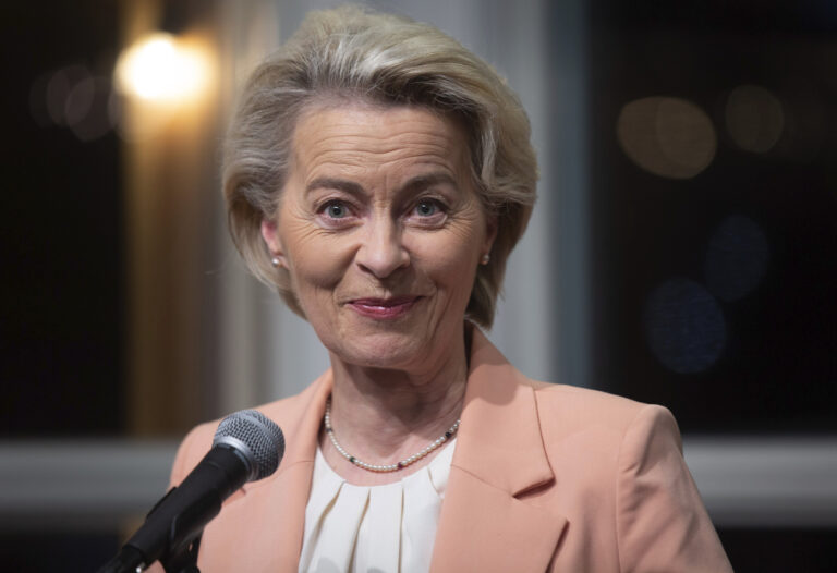 President of the European Commission Ursula von der Leyen speaks during a reception at the Quidi Vidi Brewery in St. John's, Newfoundland and Labrador, Thursday, Nov. 23, 2023. (Paul Daly/The Canadian Press via AP)