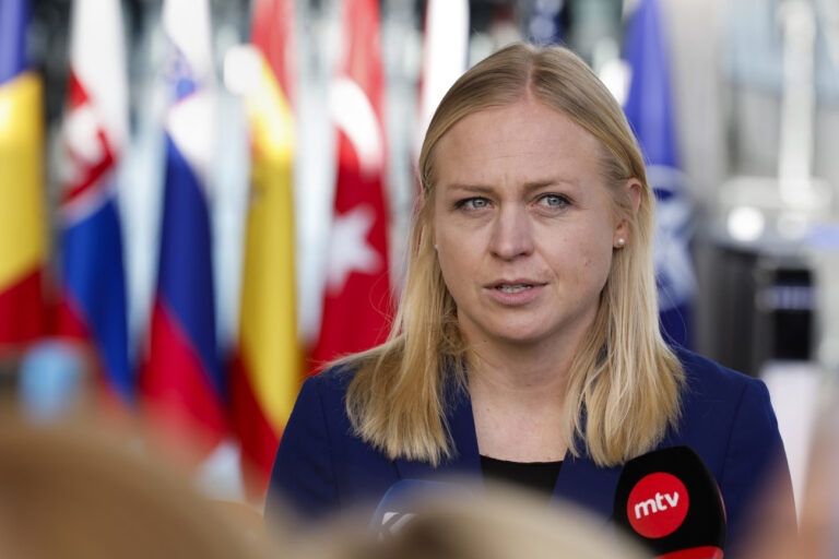 Finland's Foreign Minister Elina Valtonen talks to journalists as she arrives to a meeting of NATO foreign ministers at NATO headquarters in Brussels, Tuesday, Nov. 28, 2023. NATO foreign ministers on Tuesday begin a two-day meeting in which the alliance will reaffirm its support for Ukraine's defense against Russia's invasion, explore ways of easing tensions between Kosovo and Serbia and look at preparations for NATO's 75th anniversary next year. (AP Photo/Geert Vanden Wijngaert)