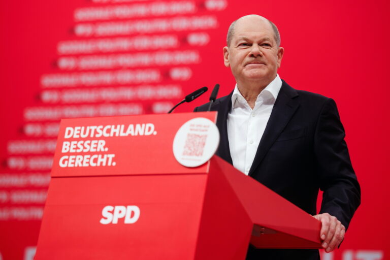 epa11018711 German Chancellor Olaf Scholz speaks during the German Social Democrats (SPD) party conference in Berlin, Germany, 09 December 2023. The first SPD three-day party conference in two years started on 08 December in Berlin. EPA/CLEMENS BILAN