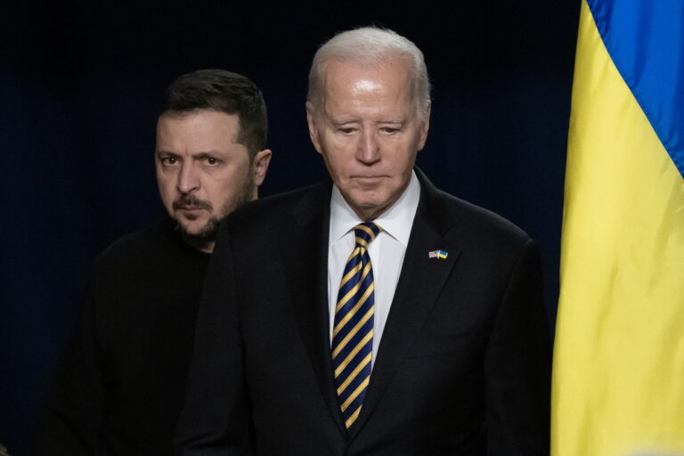 epa11025624 US President Joe Biden (R) and Ukrainian President Volodymyr Zelensky (L) enter the room to hold a joint news conference in the Indian Treaty Room of the Eisenhower Executive Office Building, on the White House complex in Washington, DC, USA, 12 December 2023. Ukrainian President Zelensky is in Washington to meet with members of Congress at the US Capitol and US President Joe Biden at the White House to make a last-ditch effort to convince the US Congress for further military aid before the holiday recess. Republicans want concessions from Democrats on border security in order to support aid to Ukraine. EPA/MICHAEL REYNOLDS