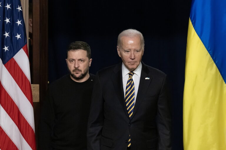 epa11025626 US President Joe Biden (R) and Ukrainian President Volodymyr Zelensky (L) enter the room to hold a joint news conference in the Indian Treaty Room of the Eisenhower Executive Office Building, on the White House complex in Washington, DC, USA, 12 December 2023. Ukrainian President Zelensky is in Washington to meet with members of Congress at the US Capitol and US President Joe Biden at the White House to make a last-ditch effort to convince the US Congress for further military aid before the holiday recess. Republicans want concessions from Democrats on border security in order to support aid to Ukraine. EPA/MICHAEL REYNOLDS