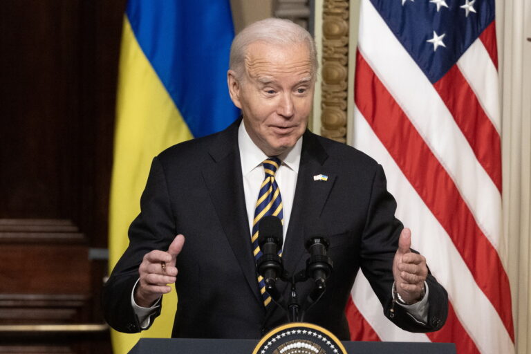 epa11025639 US President Joe Biden speaks during a joint news conference with Ukrainian President Volodymyr Zelensky (not pictured) in the Indian Treaty Room of the Eisenhower Executive Office Building, on the White House complex in Washington, DC, USA, 12 December 2023. Ukrainian President Zelensky is in Washington to meet with members of Congress at the US Capitol and US President Joe Biden at the White House to make a last-ditch effort to convince the US Congress for further military aid before the holiday recess. Republicans want concessions from Democrats on border security in order to support aid to Ukraine. EPA/MICHAEL REYNOLDS