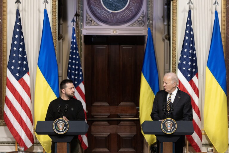 epa11025647 US President Joe Biden (R) and Ukrainian President Volodymyr Zelensky (L) hold a joint news conference in the Indian Treaty Room of the Eisenhower Executive Office Building, on the White House complex in Washington, DC, USA, 12 December 2023. Ukrainian President Zelensky is in Washington to meet with members of Congress at the US Capitol and US President Joe Biden at the White House to make a last-ditch effort to convince the US Congress for further military aid before the holiday recess. Republicans want concessions from Democrats on border security in order to support aid to Ukraine. EPA/MICHAEL REYNOLDS