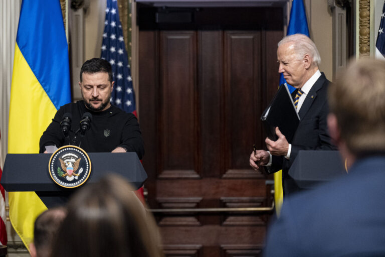 President Joe Biden and Ukrainian President Volodymyr Zelenskyy depart a news conference in the Indian Treaty Room in the Eisenhower Executive Office Building on the White House Campus, Tuesday, Dec. 12, 2023, in Washington. (AP Photo/Andrew Harnik)