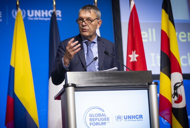 AFP Event ID #KML15.UNRWA Commissioner-General Mr Philippe Lazzarini, addresses the assembly on the opening day of the Global Refugee Forum, in Geneva on December 13, 2023. - As the number of refugees soars worldwide, the United Nations is appealing for countries to support displaced people at a global summit this week with the aim of showing that 