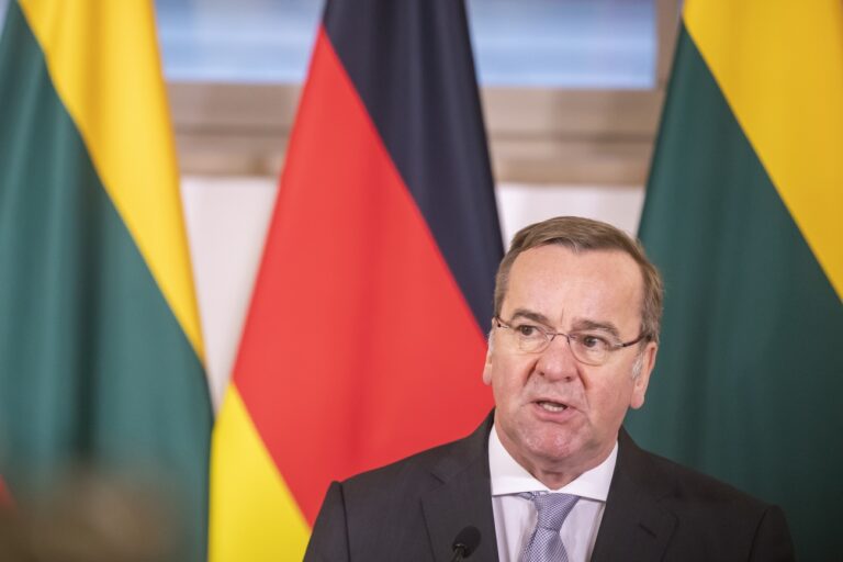 German Defense Minister Boris Pistorius speaks during a joint press conference with Lithuanian Defense Minister Arvydas Anusauskas after signing a Lithuanian-German Action Plan 