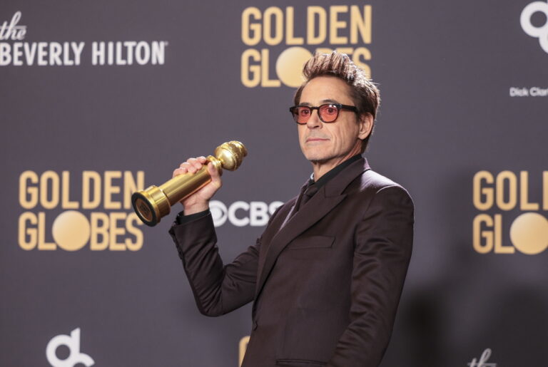 epa11063640 US actor Robert Downey Jr. poses with the Golden Globe for Best Performance by a Male Actor in a Supporting Role in any Motion Picture for 'Oppenheimer' in the press room during the 81st annual Golden Globe Awards ceremony at the Beverly Hilton Hotel in Beverly Hills, California, USA, 07 January 2024. Artists in various film and television categories are awarded Golden Globes by the Hollywood Foreign Press Association. EPA/ALLISON DINNER