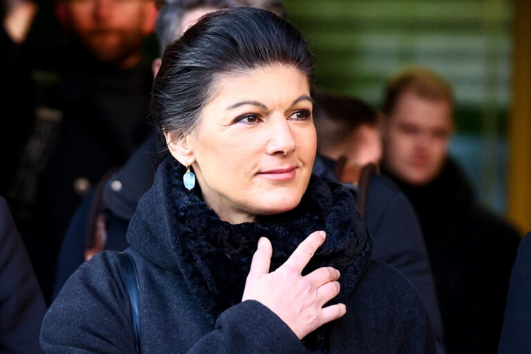 epa11064696 German politician Sahra Wagenknecht leaves the founding press conference of her new party Alliance Sahra Wagenknecht (Buendnis Sahra Wagenknecht BSW) in Berlin, Germany, 08 January 2024. EPA/Filip Singer