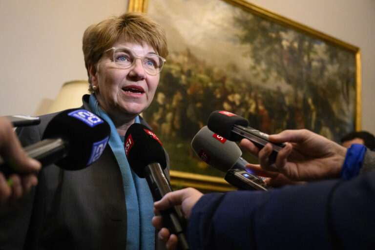 Switzerland's President Viola Amherd speaks to the press after her bilateral meeting with Ursula von der Leyen, President of the European Commission on the sideline of the 54th annual meeting of the World Economic Forum, WEF, in Davos, Switzerland, Monday, January 15, 2024. The meeting brings together entrepreneurs, scientists, corporate and political leaders in Davos under the topic 