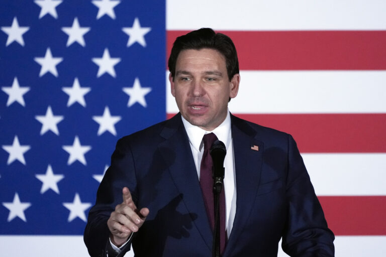 Republican presidential candidate Florida Gov. Ron DeSantis speaks to supporters during a caucus night party, Monday, Jan. 15, 2024, in West Des Moines, Iowa. (AP Photo/Charlie Neibergall)