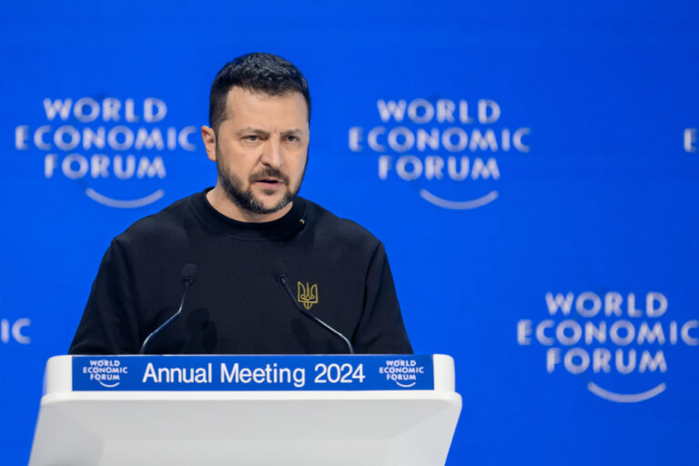 Volodymyr Zelenskyy, President of Ukraine, speaks during a plenary session in the Congress Hall at the 54th annual meeting of the World Economic Forum, WEF, in Davos, Switzerland, Tuesday, January 16, 2024. The meeting brings together entrepreneurs, scientists, corporate and political leaders in Davos under the topic 