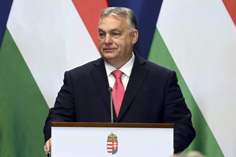 epa11082796 Hungarian Prime Minister Viktor Orban attends a joint press conference with Slovakian Prime Minister Robert Fico (unseen) following their meeting in the government headquarters in Budapest, Hungary, 16 January 2024. EPA/Szilard Koszticsak HUNGARY OUT