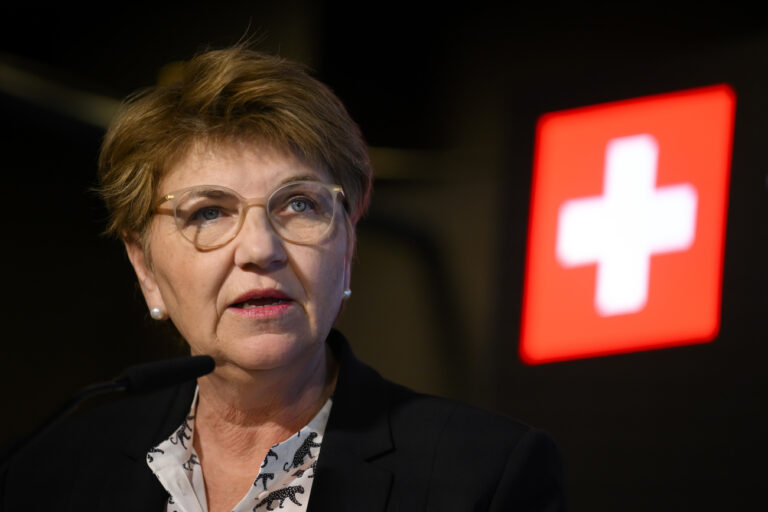 Viola Amherd, Switzerland's Federal President, speaks during a press conference at the House of Switzerland on the sideline of the 54th annual meeting of the World Economic Forum, WEF, in Davos, Switzerland, Tuesday, January 16, 2024. The meeting brings together entrepreneurs, scientists, corporate and political leaders in Davos under the topic 