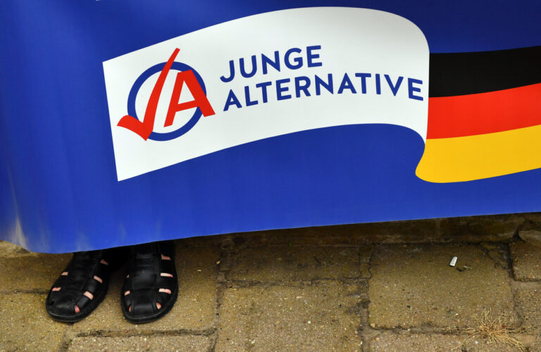 ARCHIV - 17.08.2017, Thüringen, Apolda: Ein Mann in schwarzen Sandalen hält ein Plakat der AfD-Jugendorganisation Junge Alternative (JA). (zu dpa 