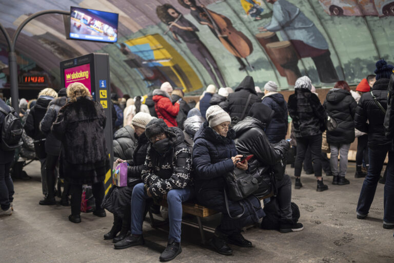 People takes shelter in a metro station during air-raid alarm in Kyiv, Ukraine, on Wednesday, Jan 17, 2024. (AP Photo/Evgeniy Maloletka)