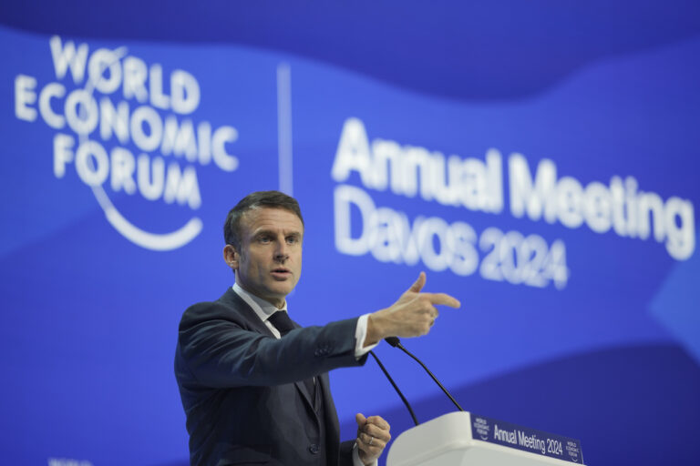 France's President Emmanuel Macron delivers his speech at the Annual Meeting of World Economic Forum in Davos, Switzerland, Wednesday, Jan. 17, 2024. The annual meeting of the World Economic Forum is taking place in Davos from Jan. 15 until Jan. 19, 2024.(AP Photo/Markus Schreiber)