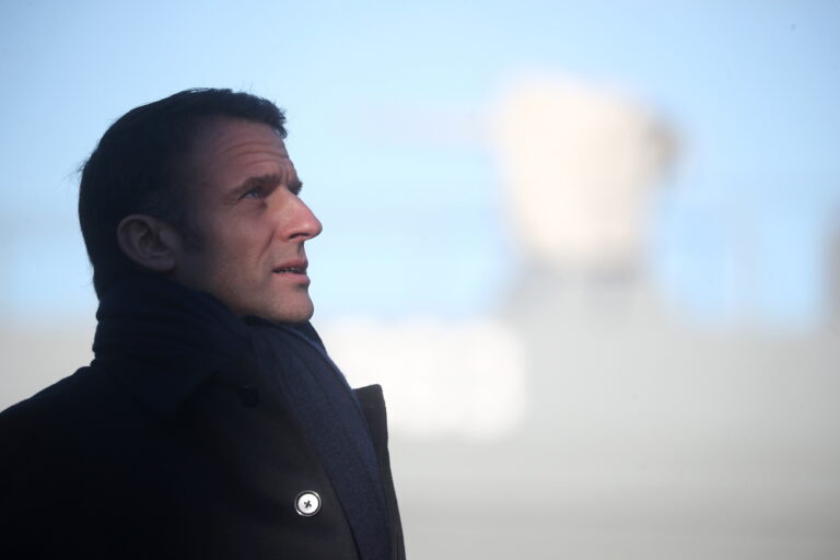 epa11089597 French President Emmanuel Macron visits the CMN (Constructions Mecaniques de Normandie) as part of his New Year's wishes to the French army in Cherbourg, northwestern France, 19 January 2024. EPA/CHRISTOPHE PETIT-TESSON / POOL