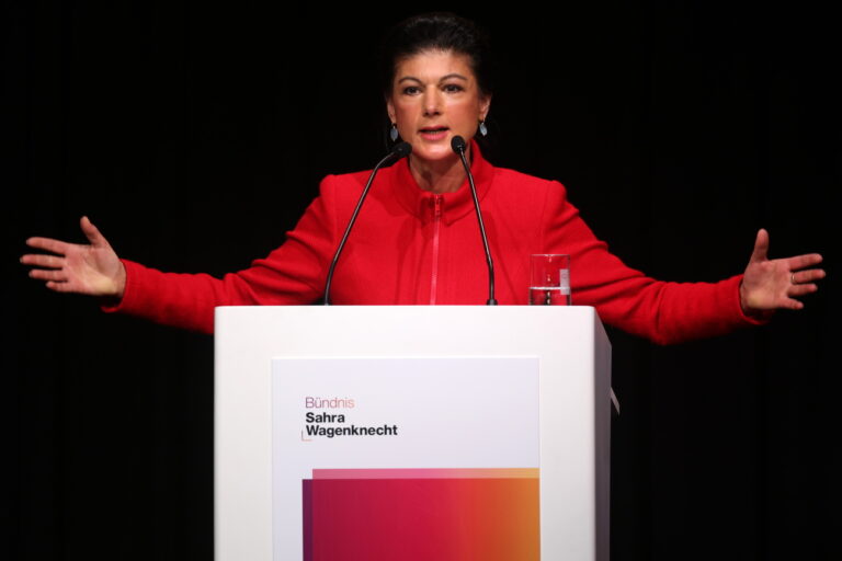 epa11107941 Sahra Wagenknecht Alliance (BSW) co-chairwoman, Sahra Wagenknecht, speaks during the party congress of the newly founded 'Sahra Wagenknecht Alliance (BSW) - Reason and Justice' party, in Berlin, Germany, 27 January 2024. The 'Sahra Wagenknecht Alliance (BSW) - Reason and Justice' party was founded on 08 January 2024 by former Left Party (Die Linke) politicians around front woman Sahra Wagenknecht. EPA/CLEMENS BILAN