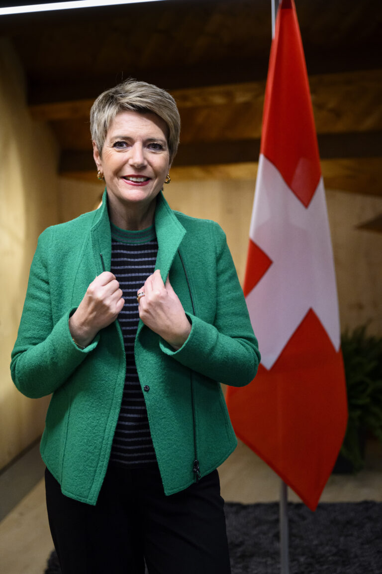 Switzerland's Finance Minister Federal Councillor Karin Keller-Sutter poses before an interview at the House of Switzerland, HoS, during the 54th annual meeting of the World Economic Forum, WEF, in Davos, Switzerland, Tuesday, January 16, 2024.(KEYSTONE/Laurent Gillieron)