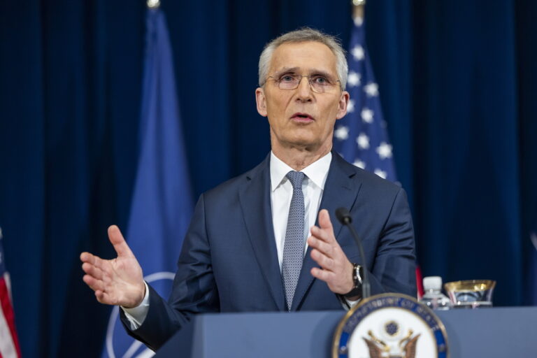 epa11113150 NATO Secretary General Jens Stoltenberg speaks at a press conference with US Secretary of State Antony Blinken (not pictured) at the State Department in Washington, DC, USA, 29 January 2024. The two spoke about Israel's claims that UN workers aided Hamas, as well as the drone attack on US troops in Jordan. EPA/JIM LO SCALZO