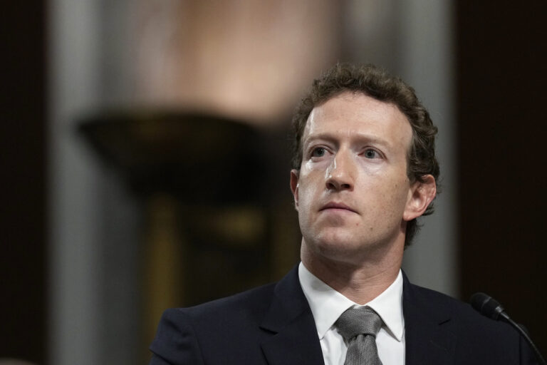 Meta CEO Mark Zuckerberg listens during a Senate Judiciary Committee hearing with other social media platform heads on Capitol Hill in Washington, Wednesday, Jan. 31, 2024, to discuss child safety online. (AP Photo/Susan Walsh)