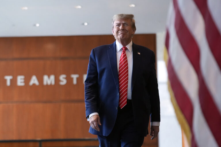 Republican presidential candidate former President Donald Trump arrives to speak after meeting with members of the International Brotherhood of Teamsters at their headquarters in Washington, Wednesday, Jan. 31, 2024. (AP Photo/Andrew Harnik)