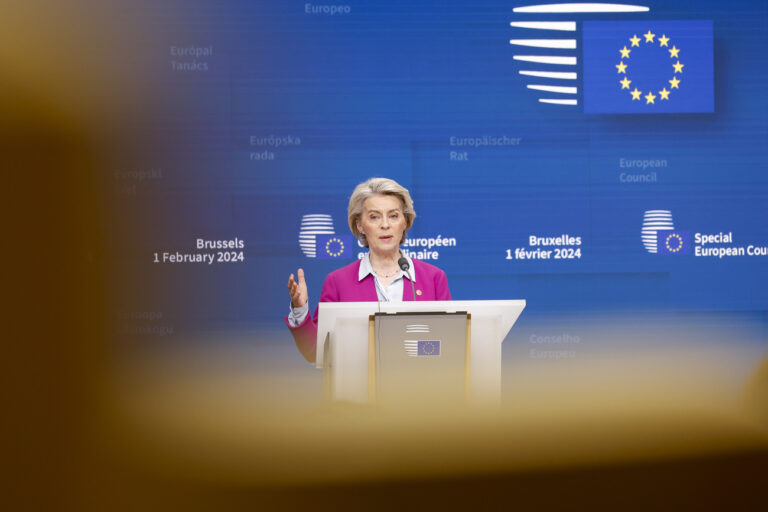 European Commission President Ursula von der Leyen talks to journalists during a joint news conference with European Council President Charles Michel during an EU summit in Brussels, Thursday, Feb. 1, 2024. The leaders of the 27 European Union countries sealed a deal on Thursday to provide Ukraine with a new 50 billion-euro ($54 billion) support package for its war-ravaged economy after Hungary backed down from its threats to veto the move. (AP Photo/Geert Vanden Wijngaert)